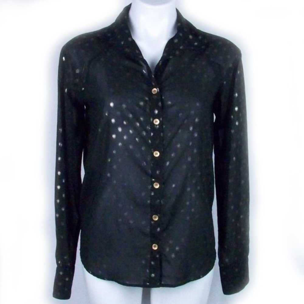Sheer Black Blouse Gold Colored Pattern & Buttons